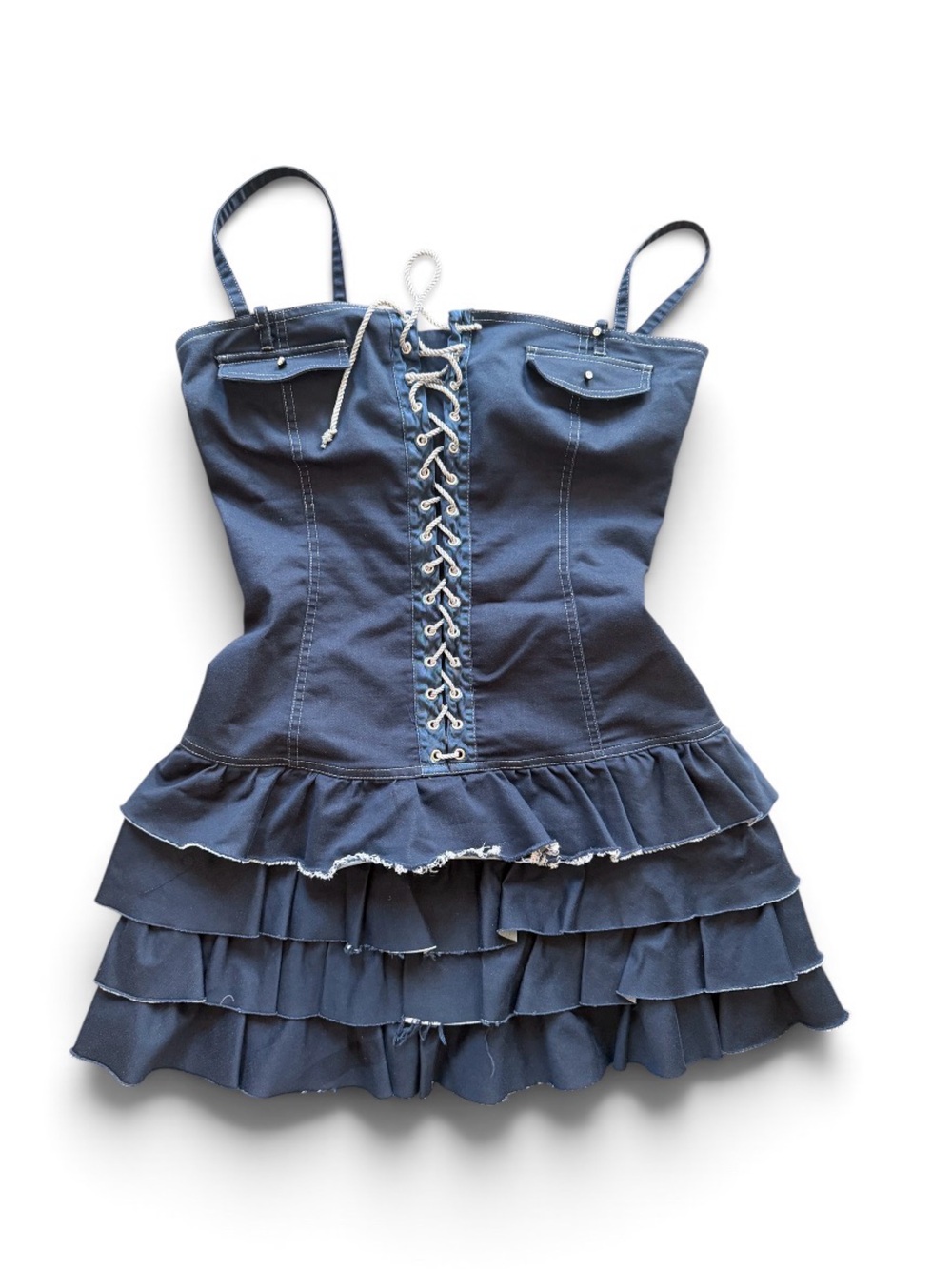 Source Unknown Navy Blue Denim Lace-Up Ruffle corset Mini Dress size M